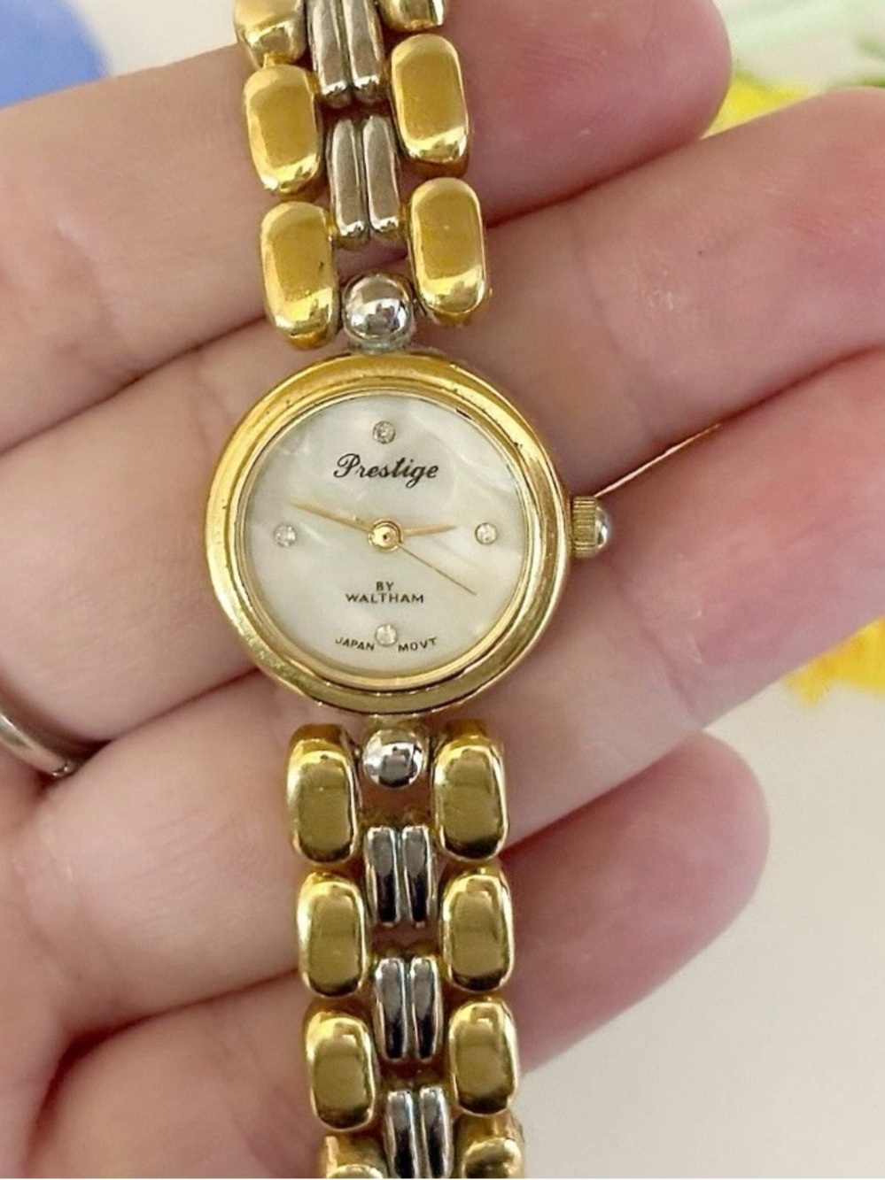 Vintage Prestige Waltham Gold/Silver Dual-Tone Classy Round Pearl Watch WORKS!!!